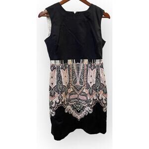 Tahari Arthur Paisley Sleeveless Stretch Midi Sheath Dress Black Sz 4 Lined